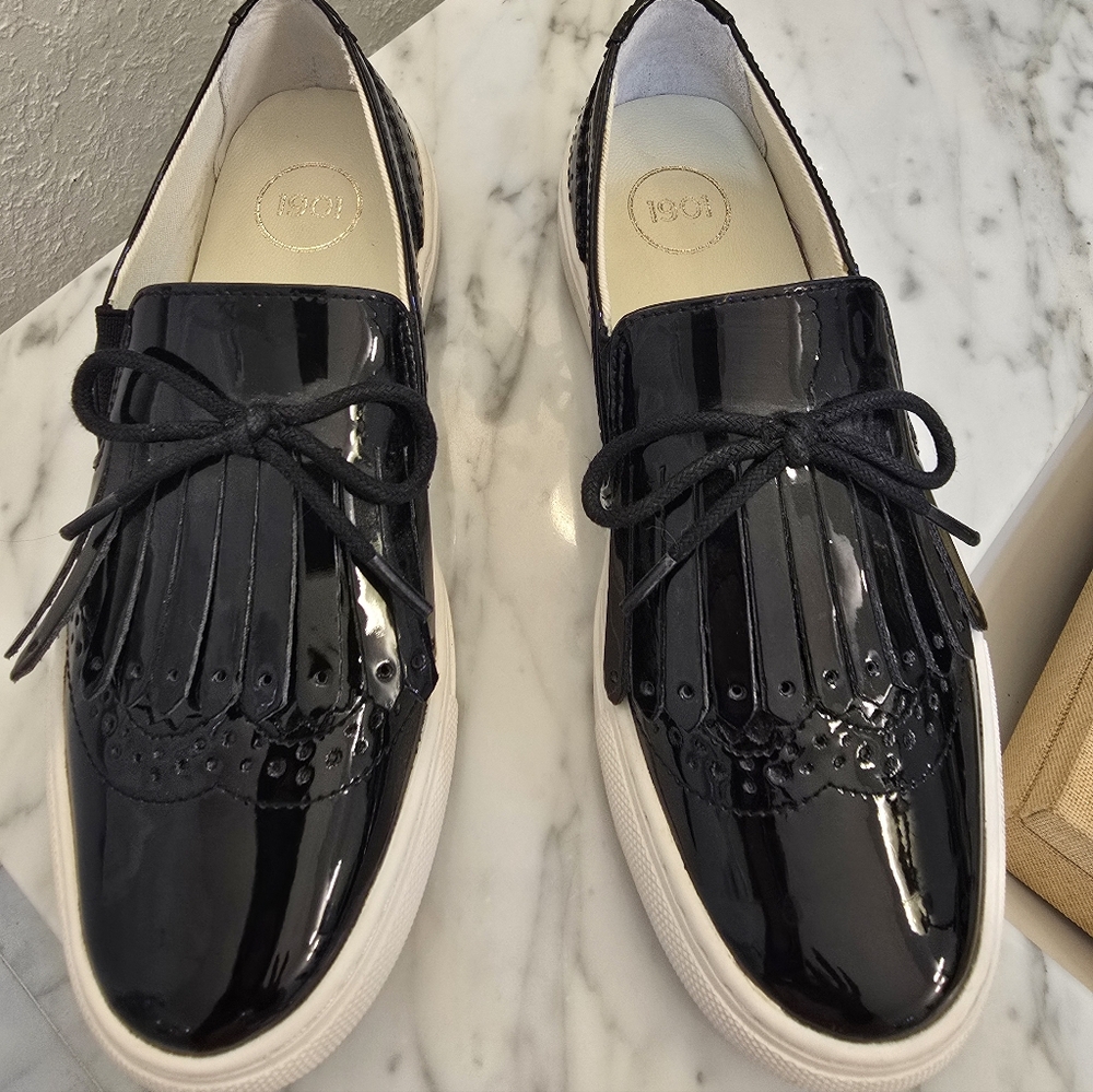 1901 Nordstrom Black & White Patent Leather Tassel Slip On Loafers 4